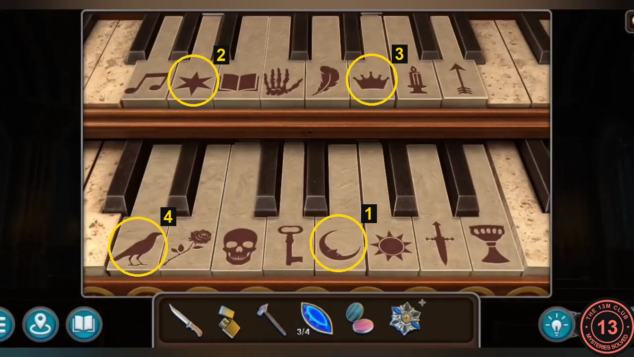 Church organ symbol keyboard with the moon, star, crown and raven keys circled and numbered 1 to 4