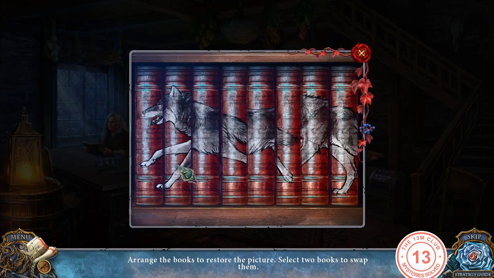 Bookcase with red books whose spines show a scrambled wolf picture