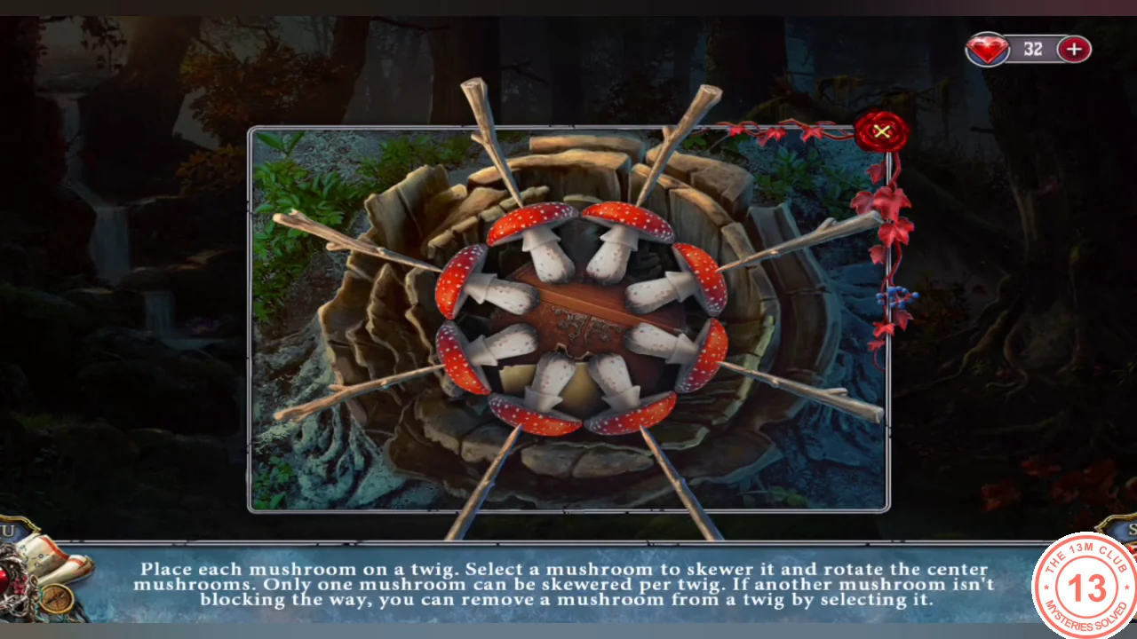 Tree stump with eight twigs around it and red mushrooms on the rotating center ring