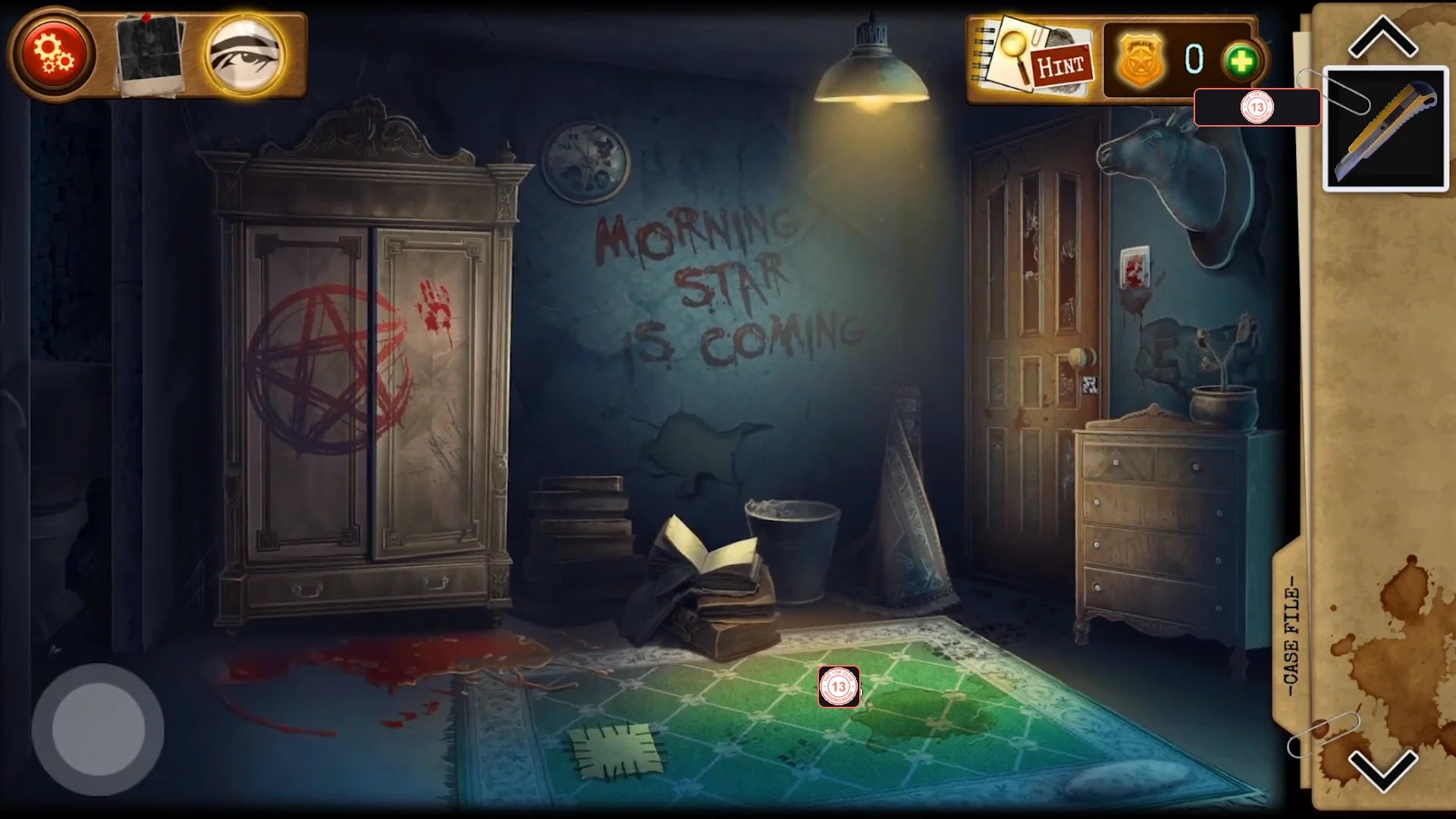 Upstairs room with a wardrobe painted with a pentagram, MORNING STAR IS COMING written on the wall, a green rug with a stitched patch, a door on the right and a chest of drawers