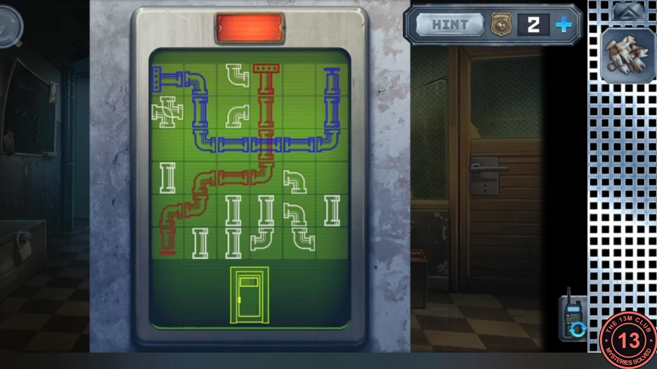Skull panel pipe grid with the blue and red pipes both coloured along continuous routes after the puzzle is solved