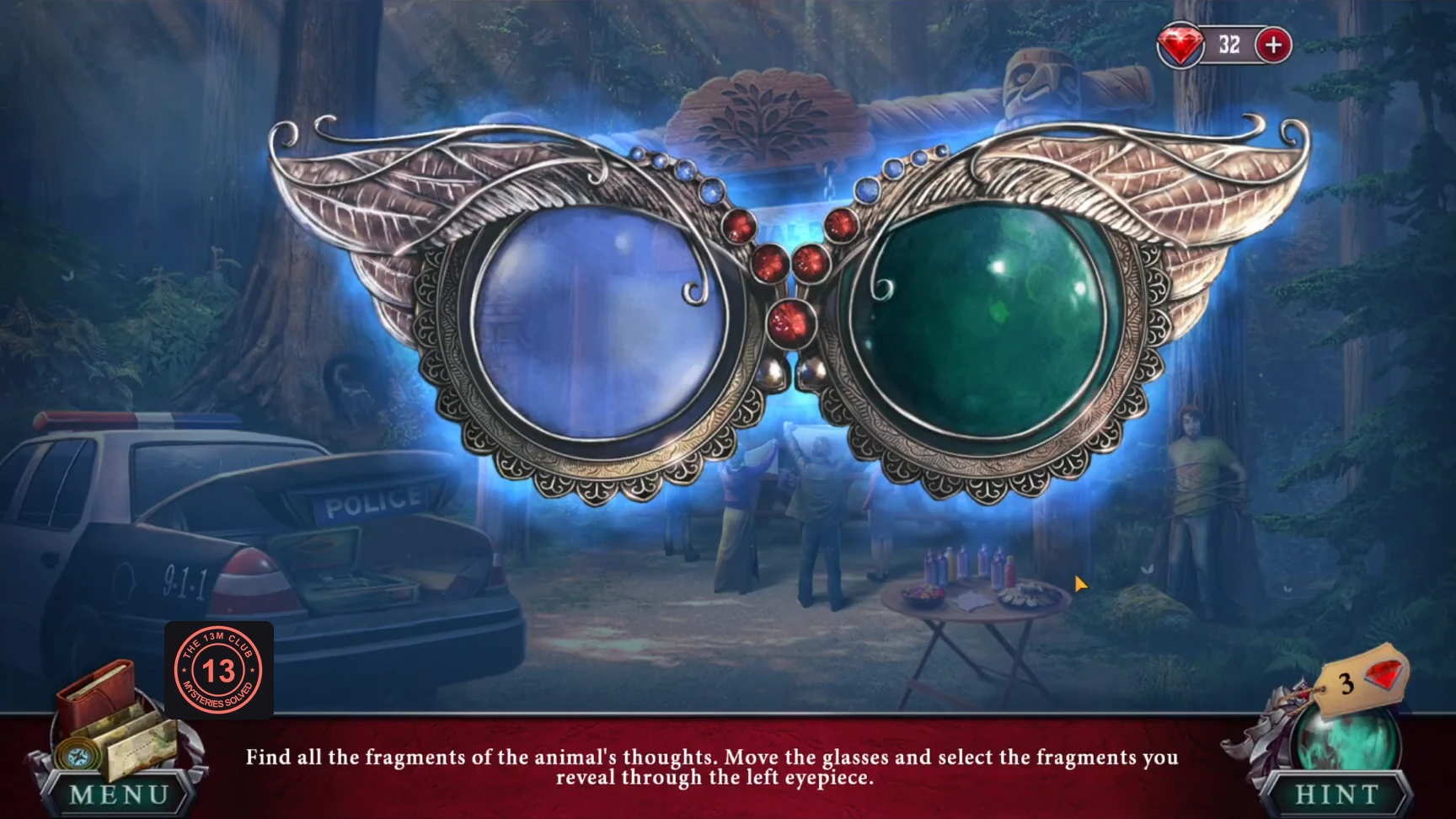 Artifact glasses over the national park gate with the police car and protesters, both eyepieces still empty