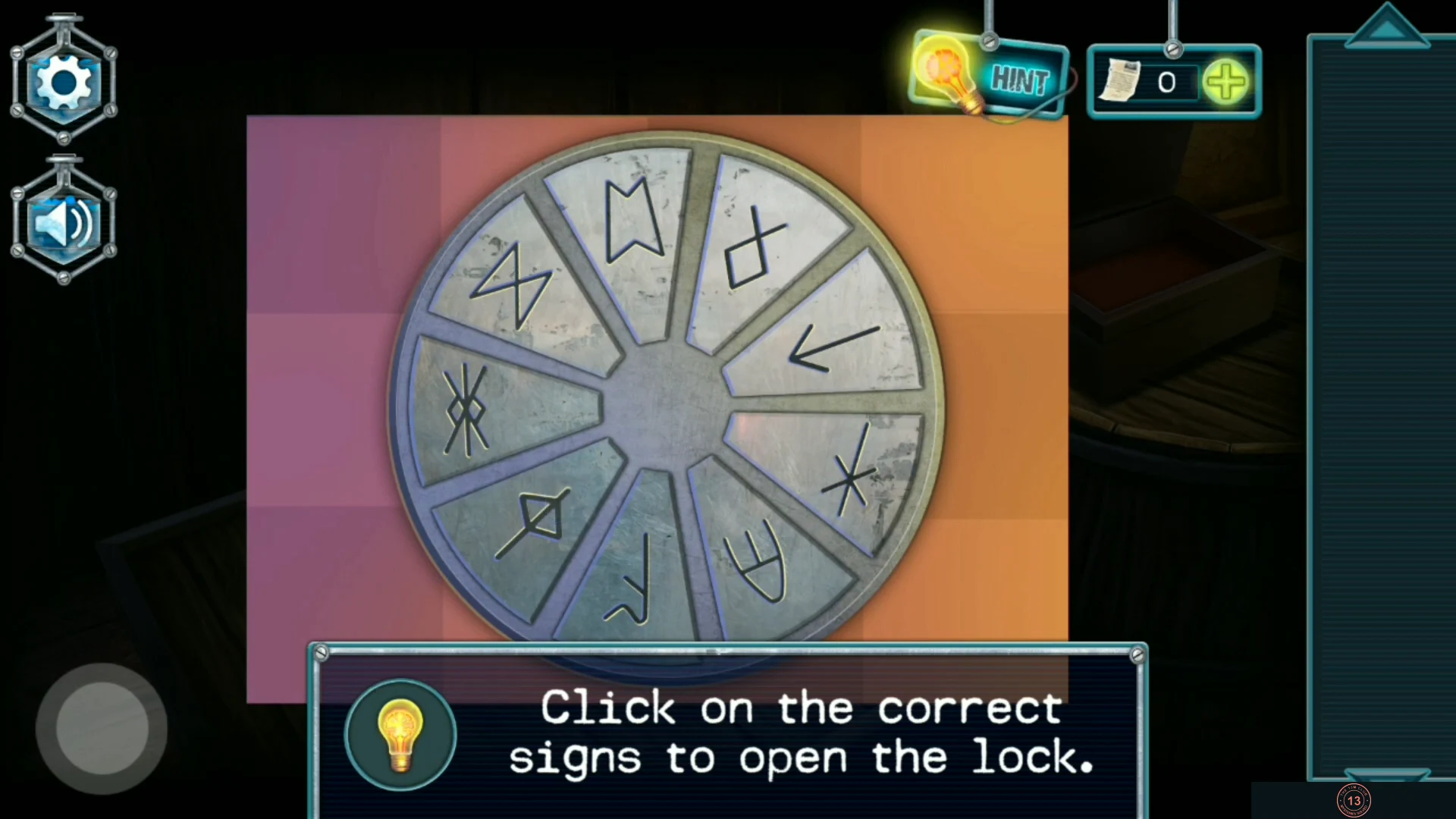 Rune wheel with nine segments, none pressed yet, and the hint "Click on the correct signs to open the lock."