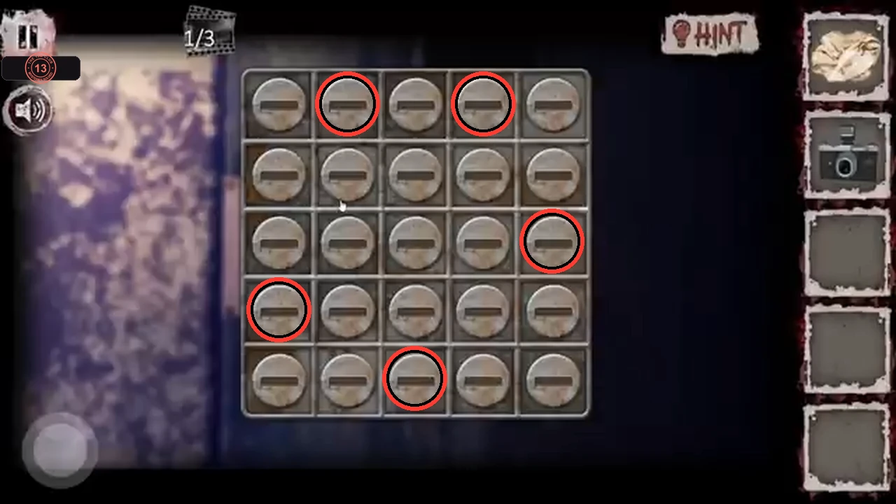 Knob grid with the five knobs to turn circled: row 4, 1, 5, 1 and 3 in columns 1 to 5