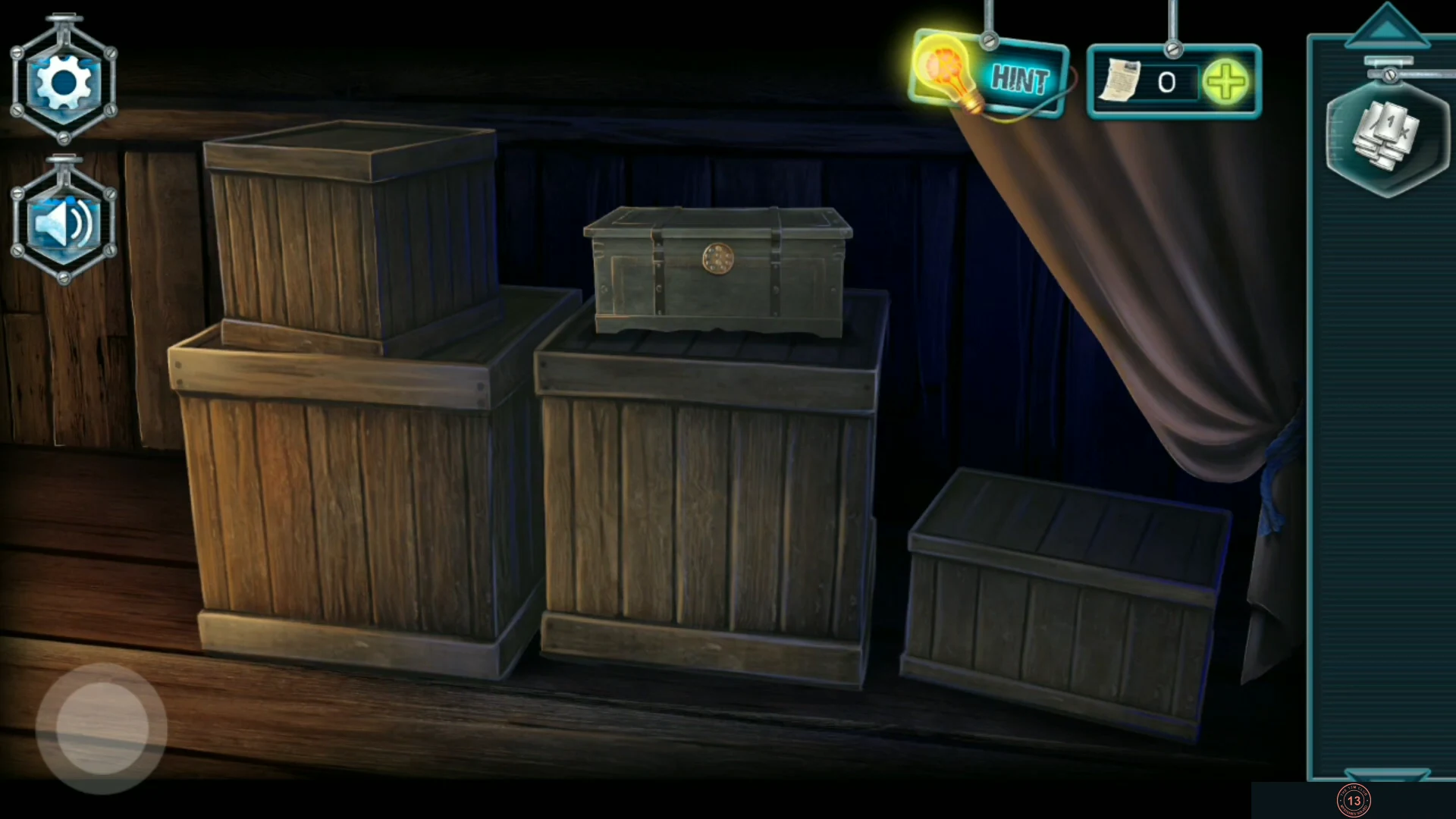 Attic crates behind the tied-back curtain with the small ball-sorting chest on top