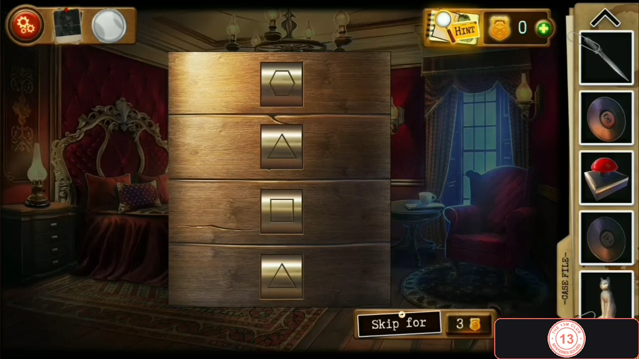 Chest of four drawers with shape buttons set from top to bottom to hexagon, triangle, square and triangle