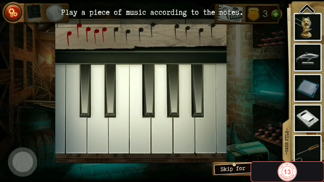 Synthesizer keyboard in the cellar chest with the assembled sheet music of 13 notes above the keys