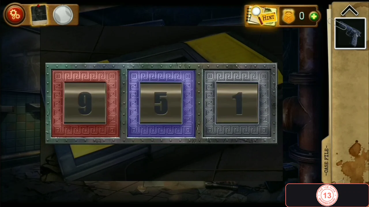 Toolbox lock with three coloured dials, red set to 9, purple to 5 and grey to 1
