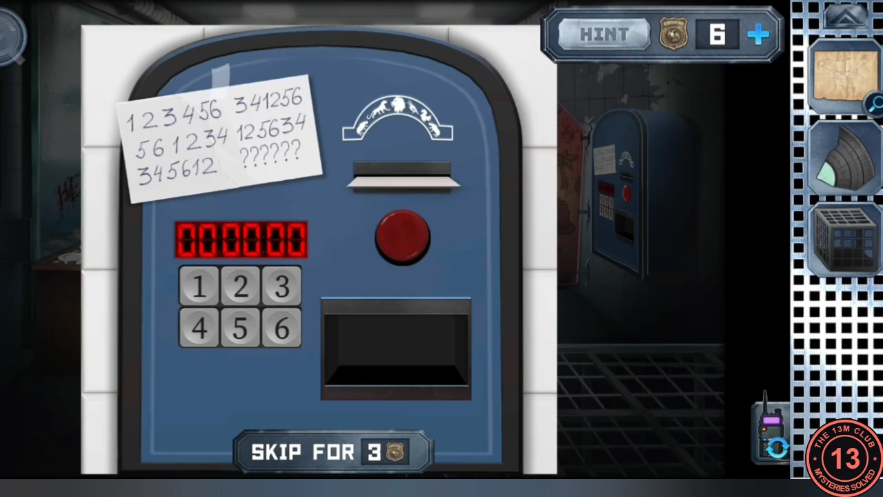 Blue token machine with the joined letter showing 123456, 561234, 345612 and 341256, 125634, ??????, a red display reading 000000, number keys 1 to 6 and a red button.
