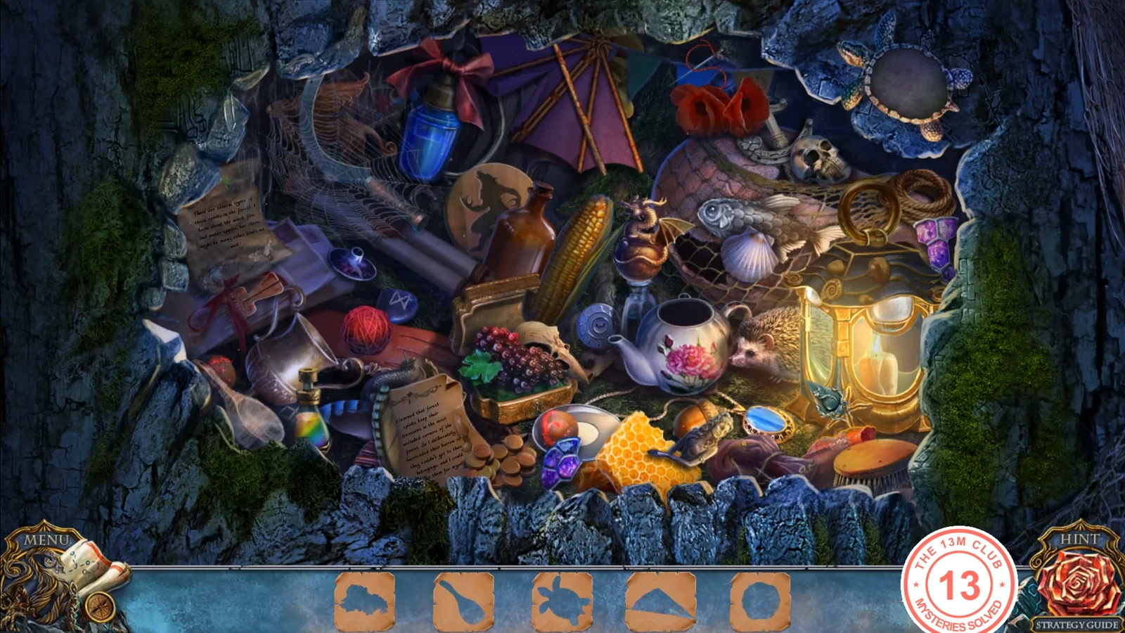 Lit hollow full of objects with parchment shape cards in the bottom bar