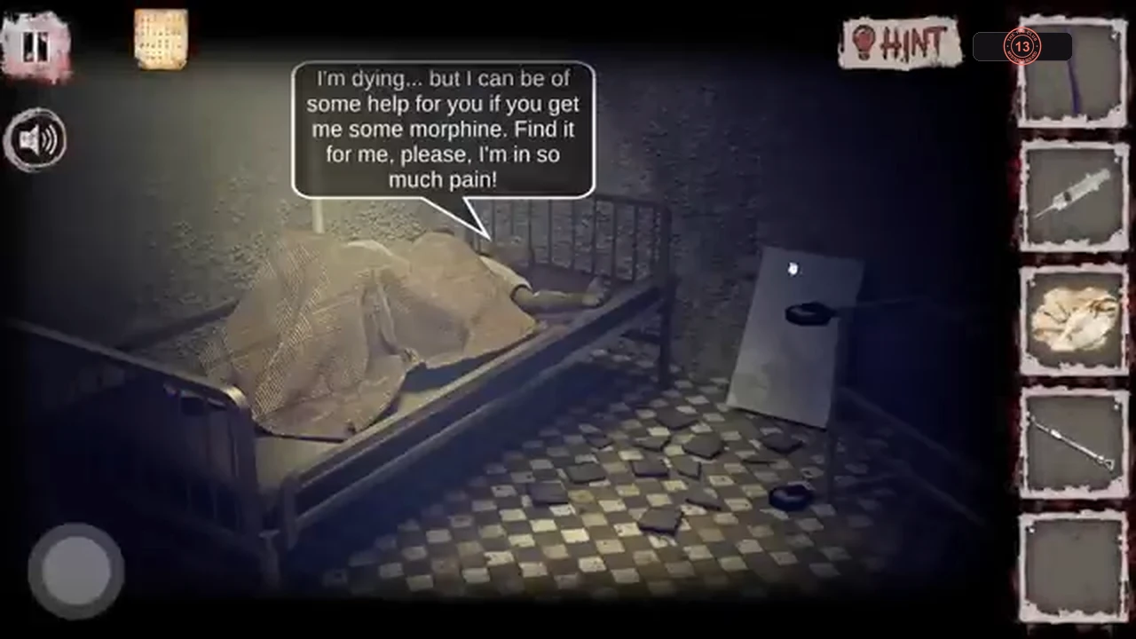 The patient on the bed asking for morphine in a speech bubble