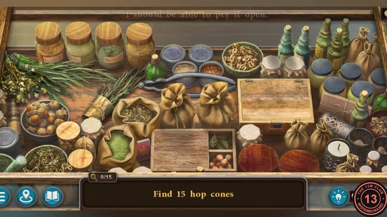 Pharmacy herb table covered with jars, bowls and sacks for the hop cone search