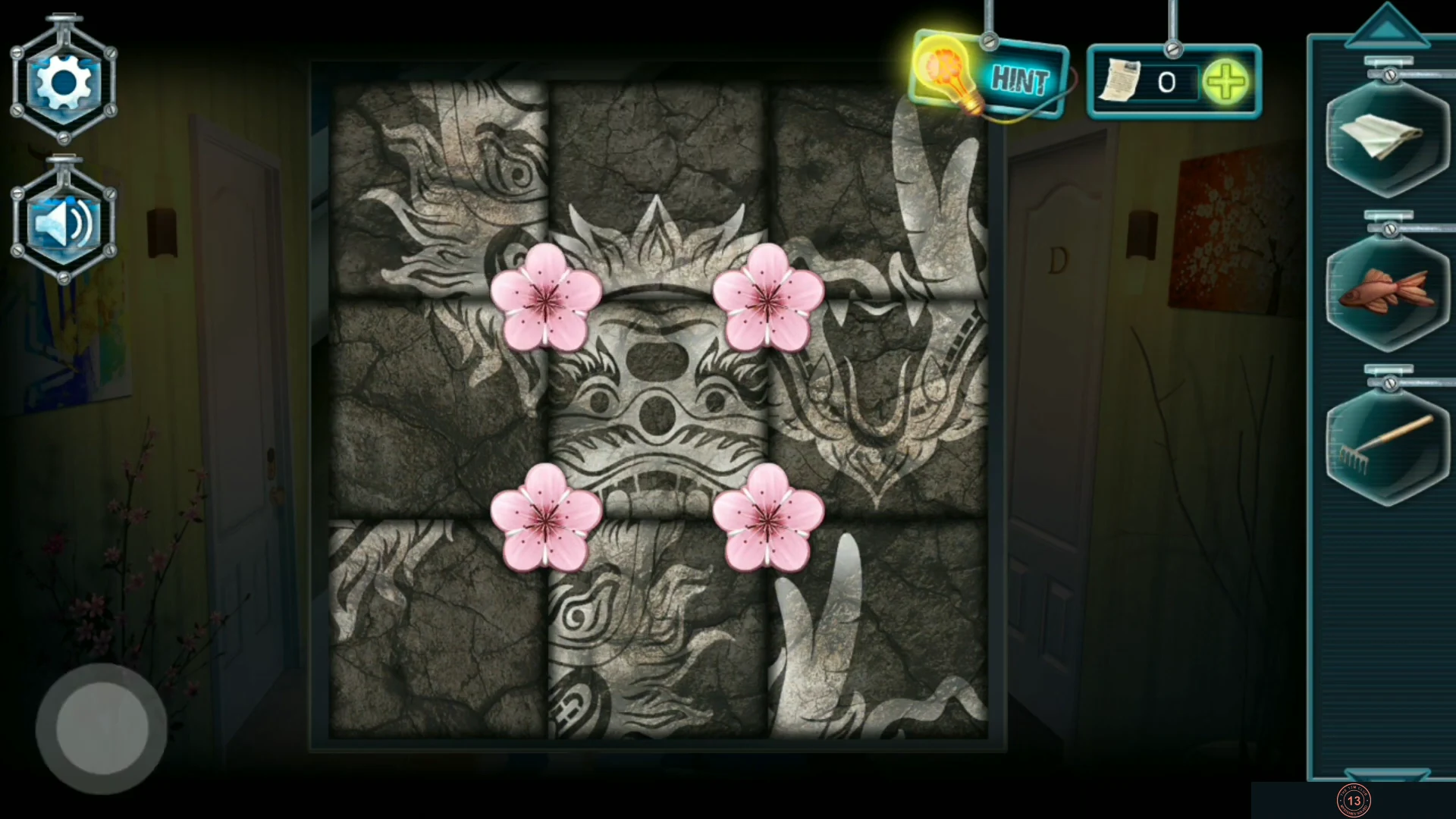 Katana stand in the corridor with four sakura medallions over a scrambled stone face