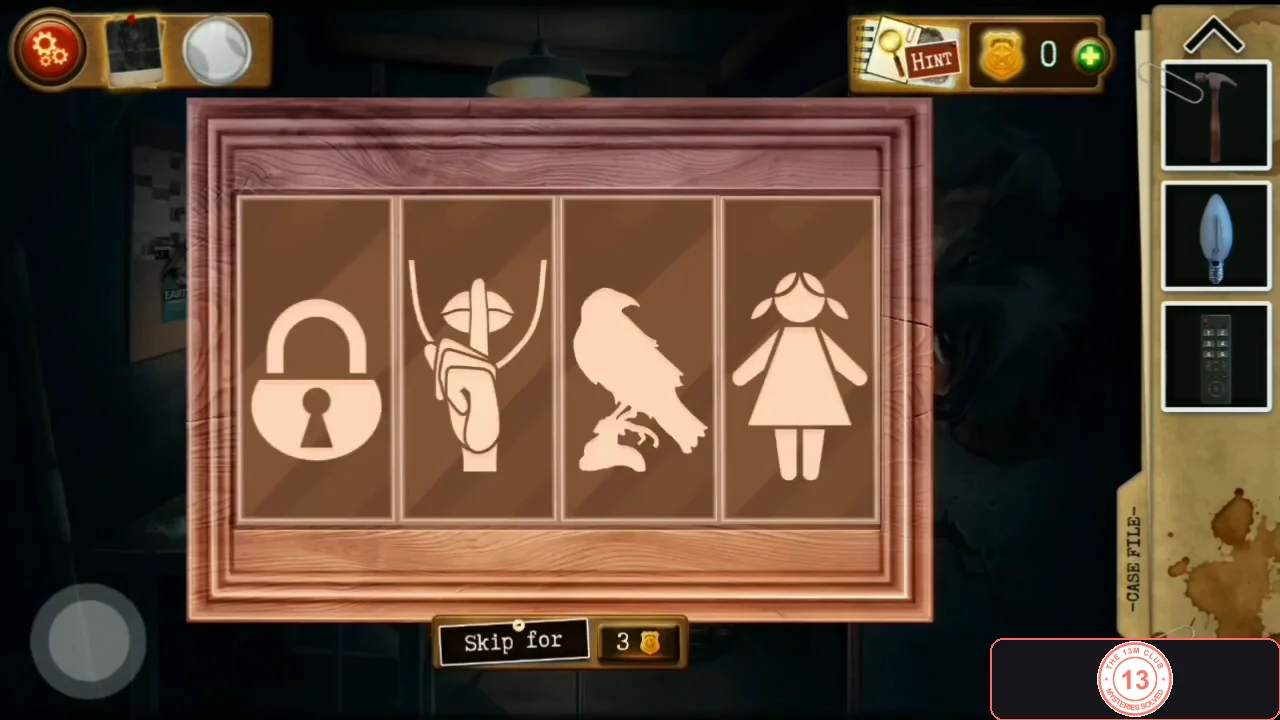 Desk box with four picture squares showing a padlock, a hushing figure, a raven and a doll