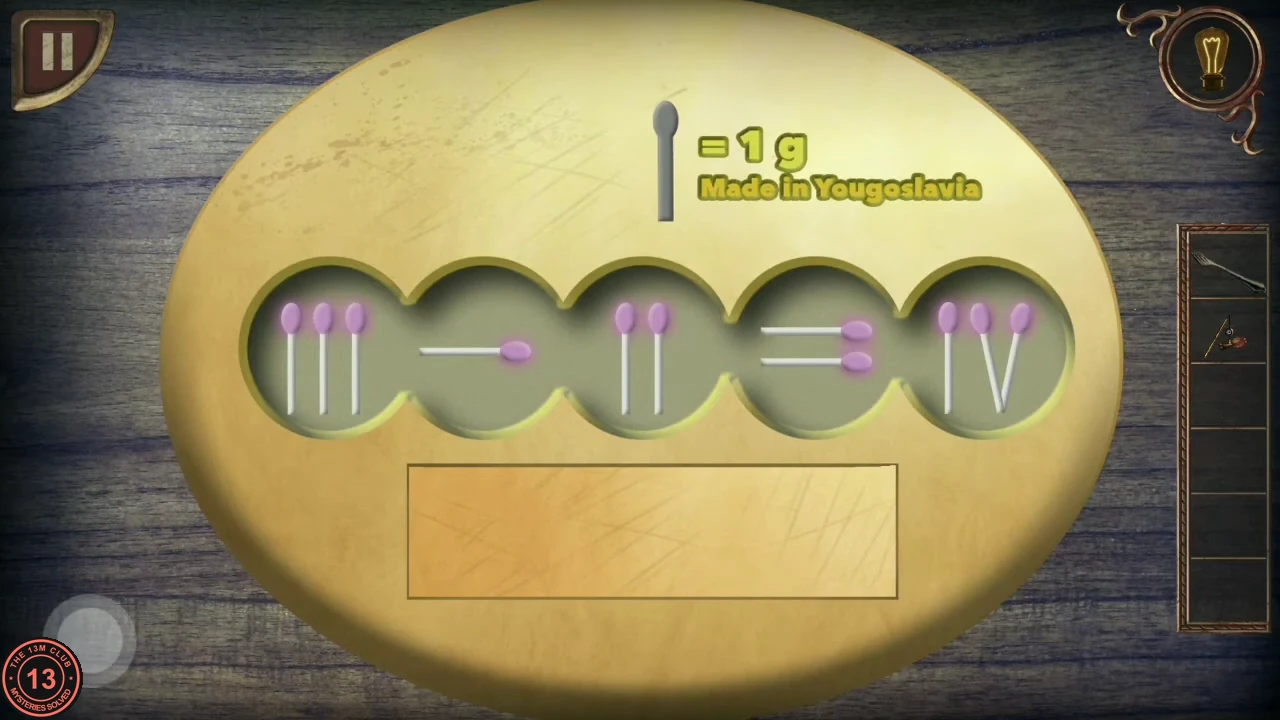 The matchstick panel showing III minus II equals IV with an empty tray below.