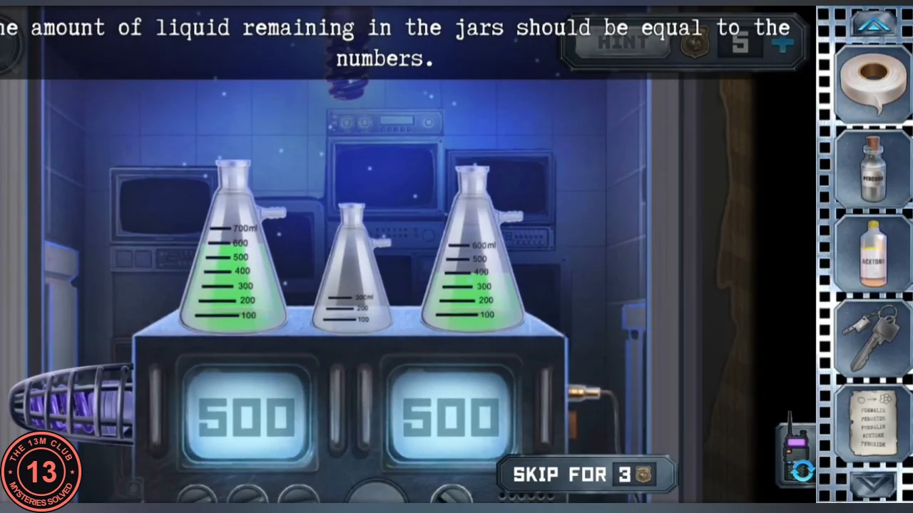 Chemistry machine with two displays reading 500 and 500 below three flasks: a 700 ml flask holding about 600, an empty 300 ml flask in the middle and a 600 ml flask holding about 400; instruction '...amount of liquid remaining in the jars should be equal to the numbers.'