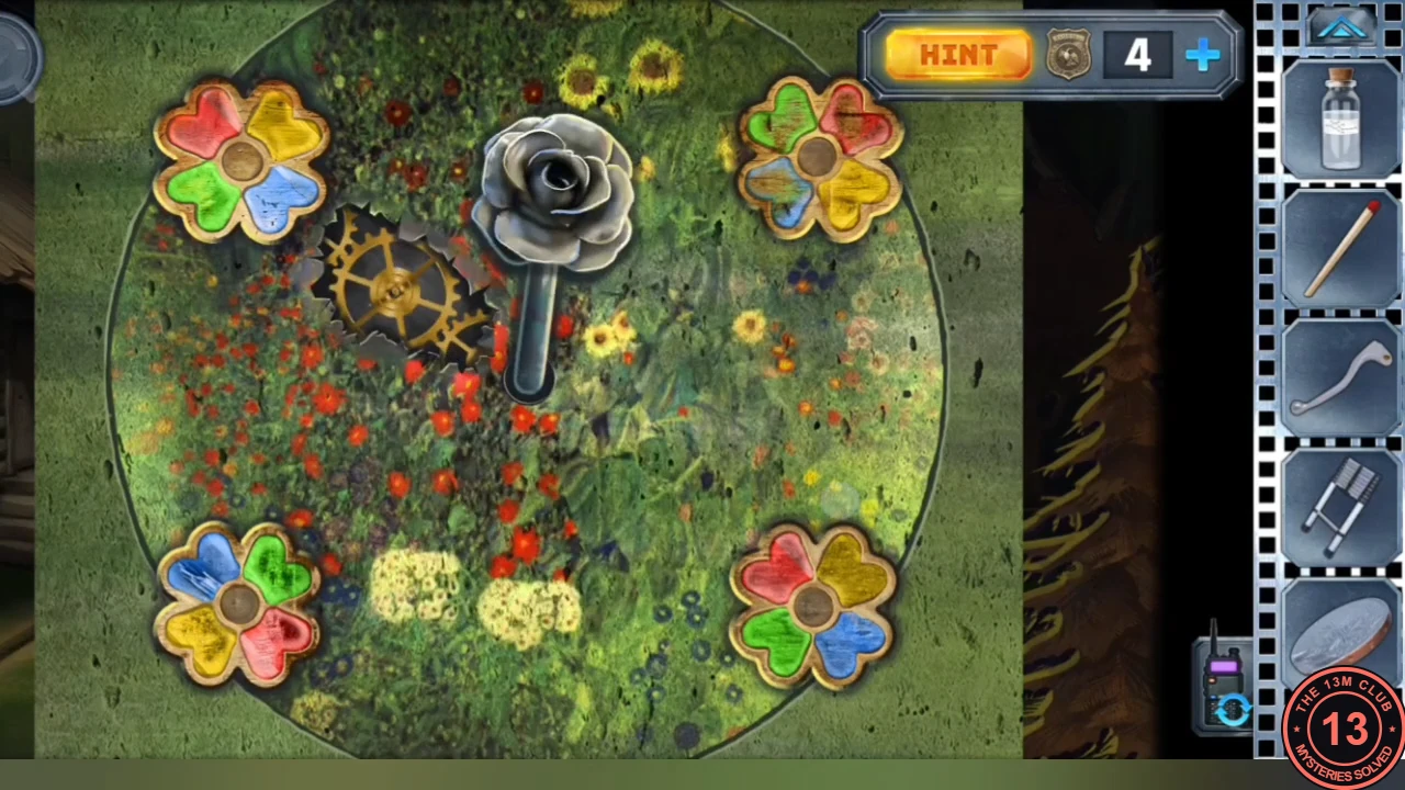 Flower lever in the third setting: top-left red, yellow, green, blue; top-right green, red, blue, yellow; bottom-left blue, green, yellow, red; bottom-right red, yellow, green, blue