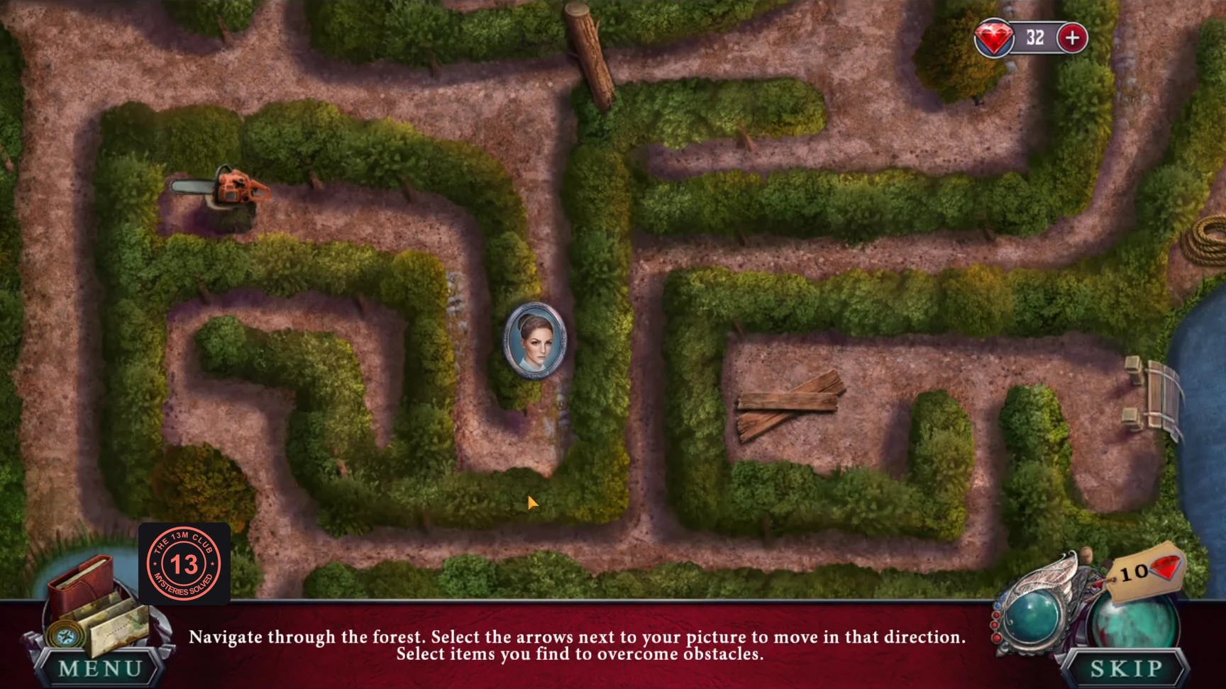Top-down hedge maze with Amanda's marker and the chainsaw on the path