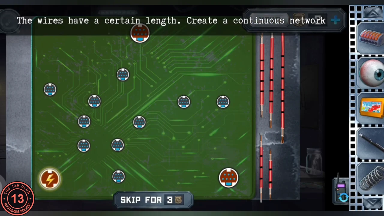 Green circuit board in the fortune-teller's chest with a lightning source bottom left, two orange sockets, several blue connectors and five red wires of different lengths on the right, under the text 'The wires have a certain length. Create a continuous network'.