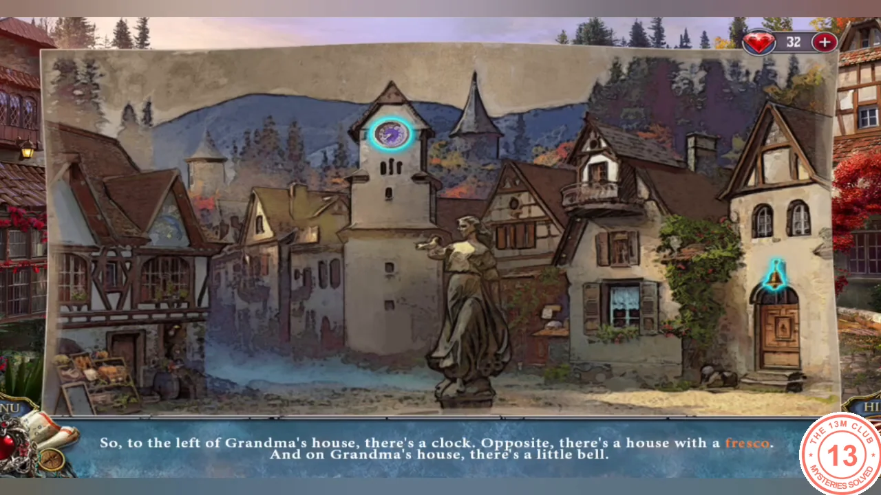 Ruby's drawing of the town square over the real square, with the clock tower marked