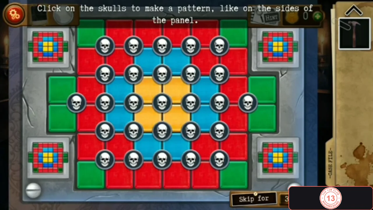 Skull panel solved: a yellow 2x2 block in the centre, a diamond-shaped ring of blue tiles around it, red tiles around that and green tiles in the corners and on both sides