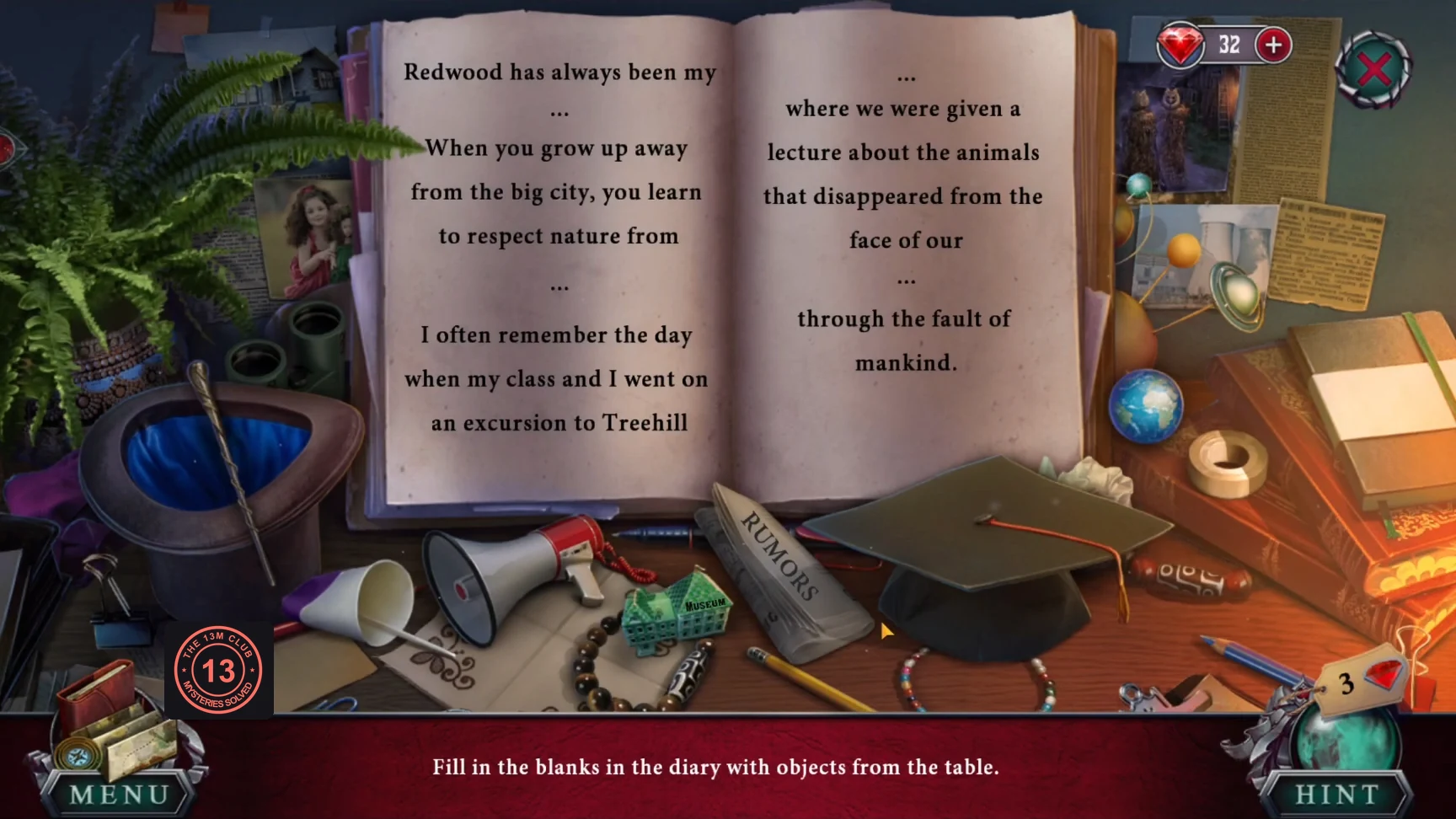 Lizz's open diary with blanks in the text, and objects on the table around it