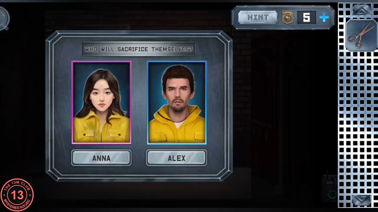 Final choice screen 'WHO WILL SACRIFICE THEMSELVES?' with portraits of Anna and Alex in yellow jumpsuits and buttons ANNA and ALEX