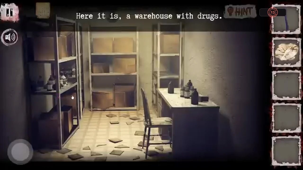 Drug warehouse with metal shelving on the left and a desk and chair on the right