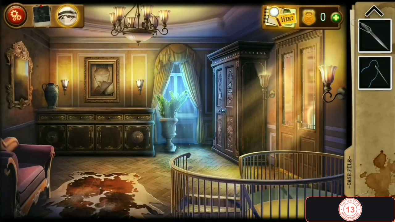Upstairs landing with a mirror on the left wall, a torn portrait above a low nightstand, a window, a tall wardrobe on the right and a stair railing