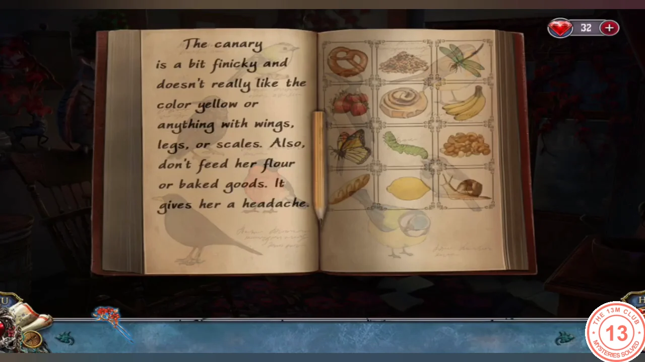 Granny's bird book open on the canary page, with a grid of twelve foods and a pencil