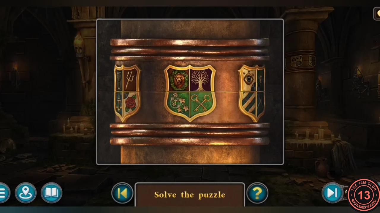 Solved shield drums: the centre shield shows a lion, a tree, ivy and crossed keys