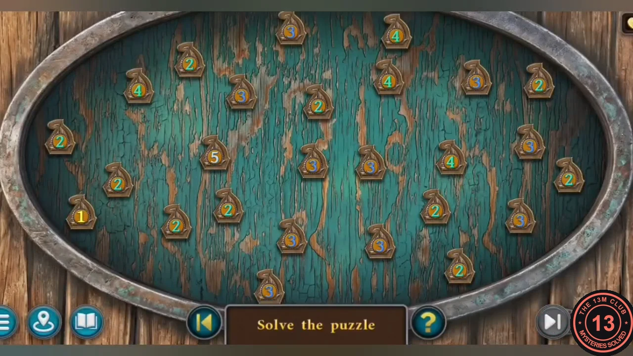 Boathouse door rope puzzle: about 30 numbered cleats on an oval teal board