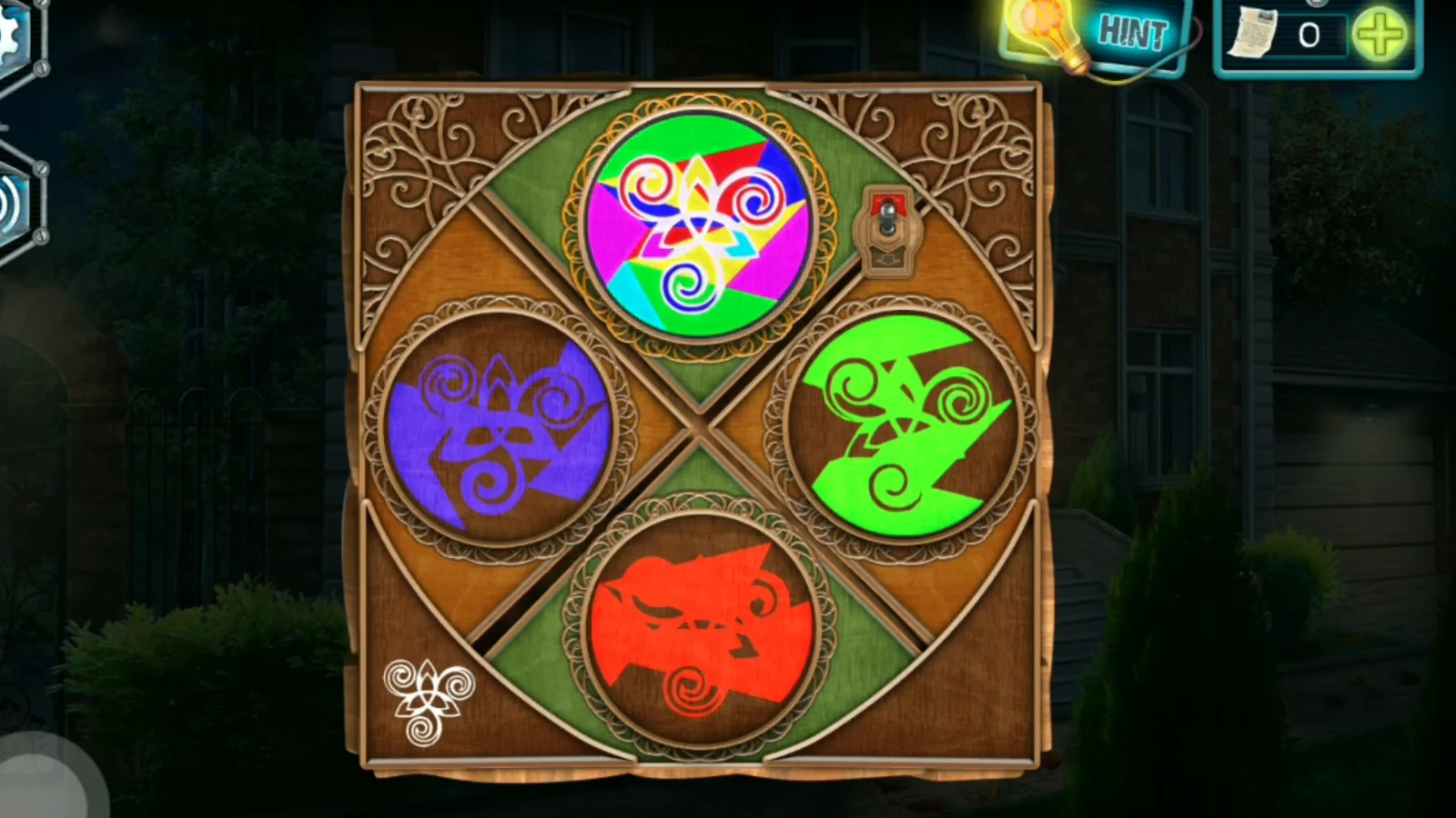 Glass circles box with the top window lit by the full multicoloured swirl
