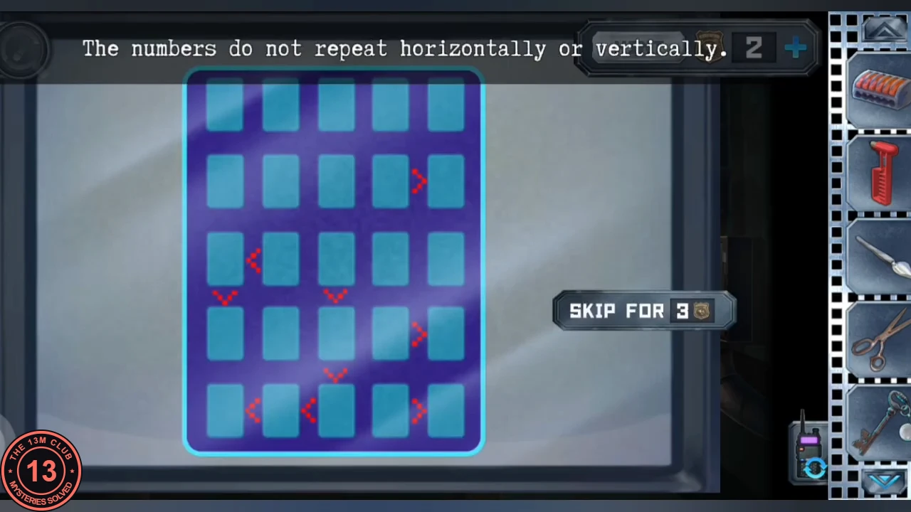 Empty 5 by 5 grid of blue tiles on the laboratory television with red greater-than and less-than signs between some tiles, under the text 'The numbers do not repeat horizontally or vertically.'