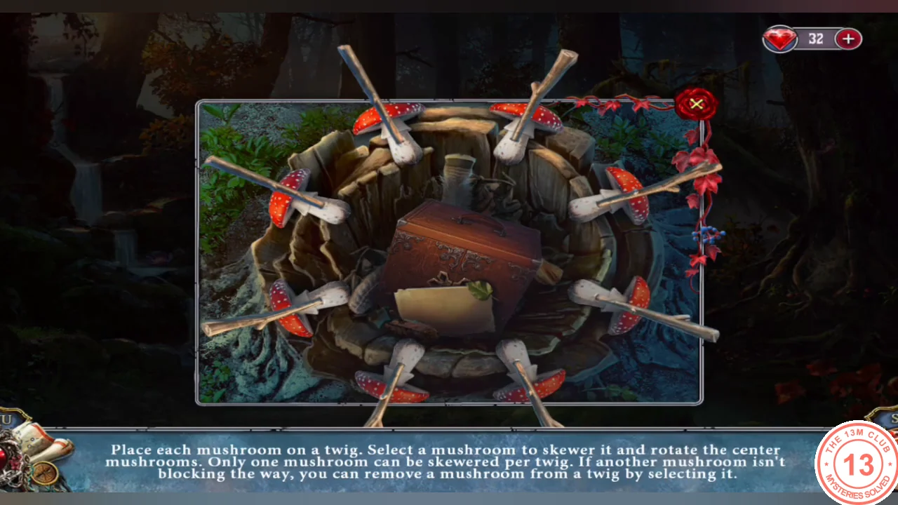Every twig around the stump now holds one red mushroom and the small chest sits in the middle