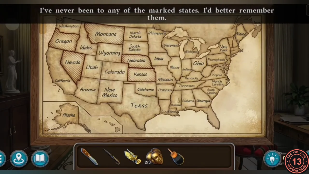 Hallway cabinet map with Oregon, Montana, Nevada, Nebraska and Kansas hatched