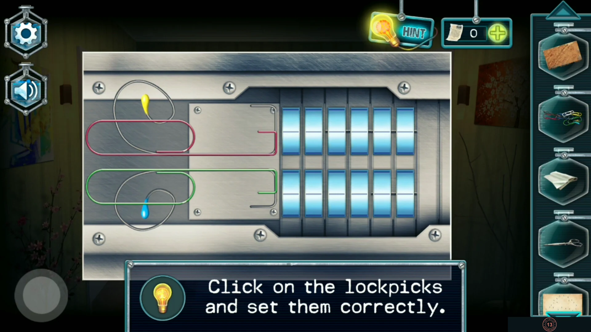 Lock-picking view with pink and green picks and two rows of pins