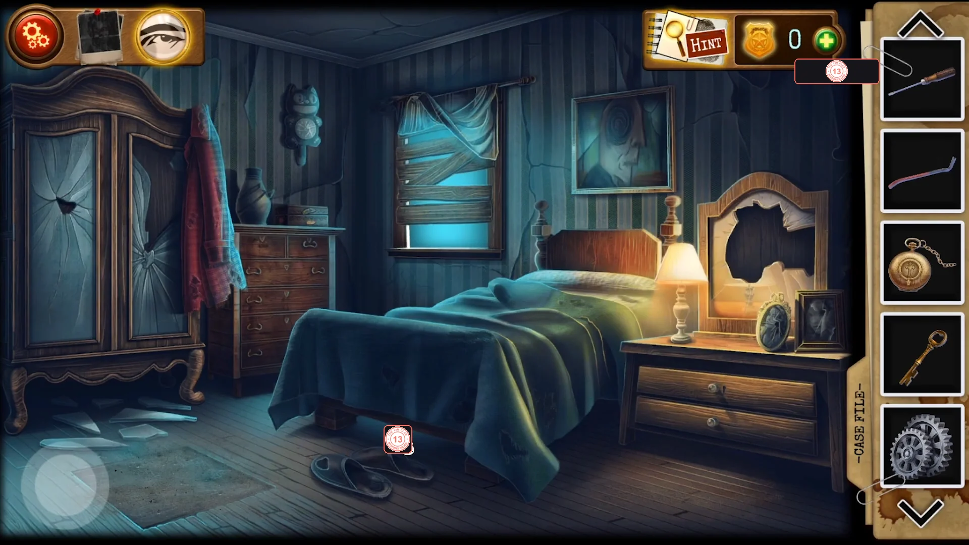 Bedroom with a cracked wardrobe and a chest of drawers on the left, a bed under a boarded window, a nightstand with a lamp and a broken mirror on the right