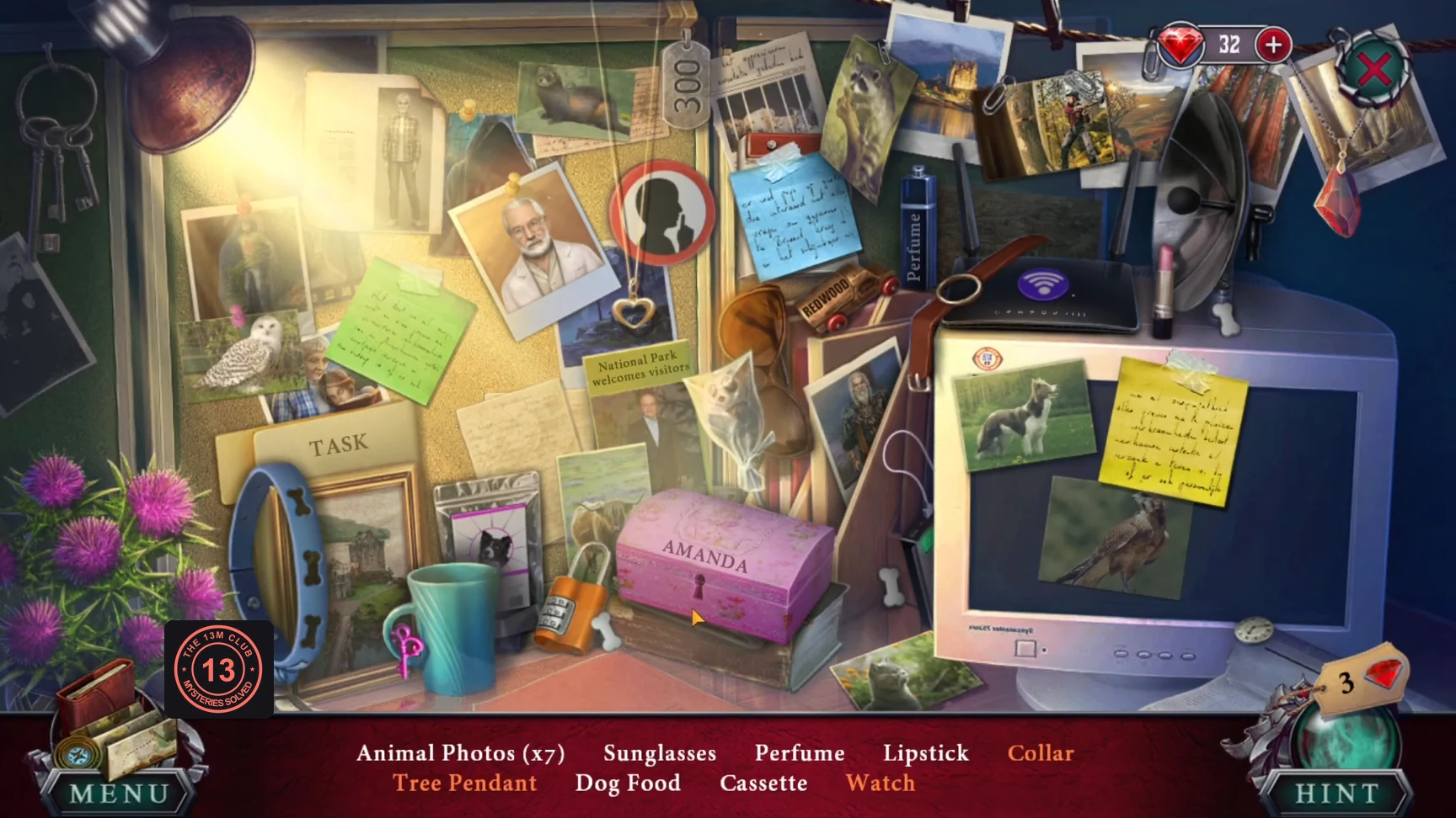 Tina's cluttered desk with photos, a computer and the item list below