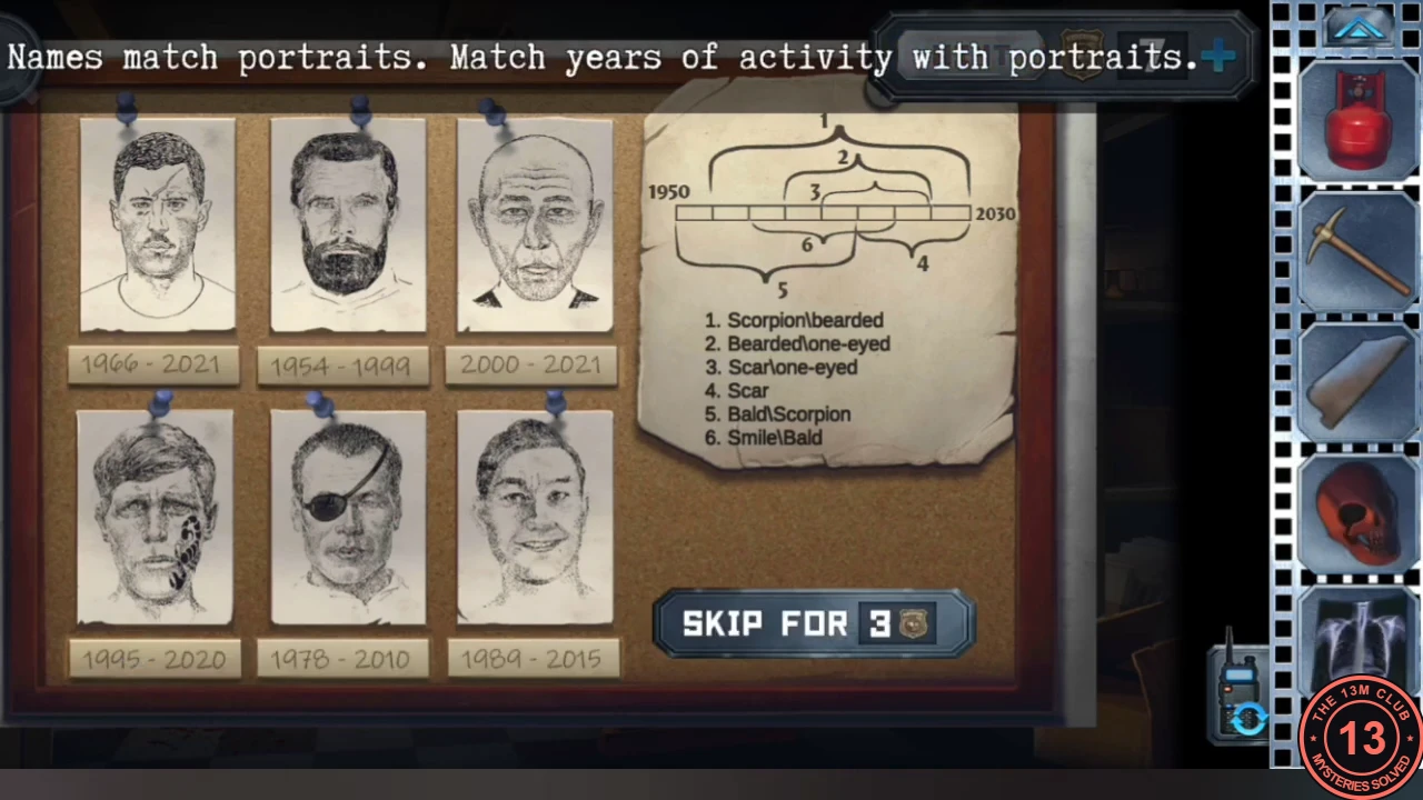 The office WANTED board with six sketched portraits and year tiles under them in the wrong order, and the timeline note listing the six feature pairs on the right.
