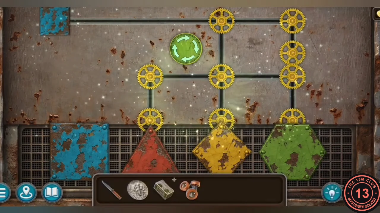 Solved crate puzzle: blue square parked at top left, and a red triangle, yellow diamond and green hexagon completed on the bottom row
