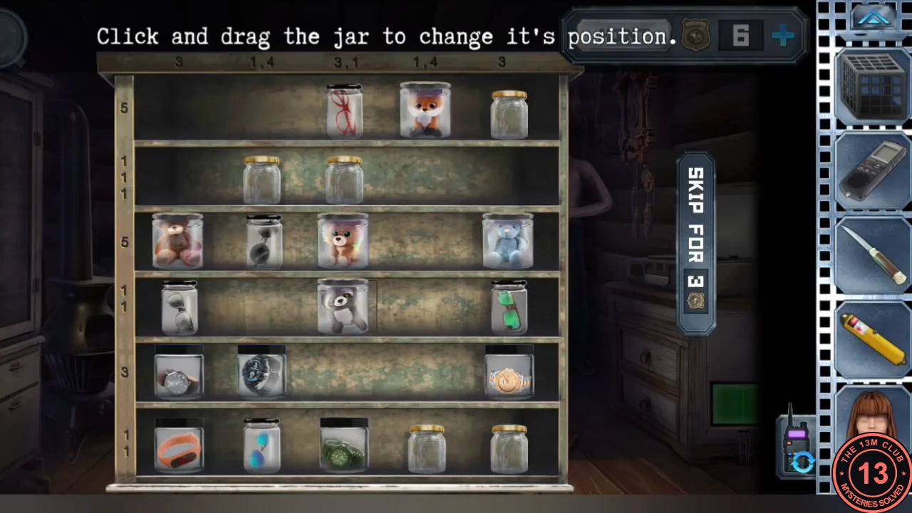 The cabin cupboard with six shelves of jars holding toys, watches and glasses, column clues 3, 1 4, 3 1, 1 4, 3 along the top and row clues down the left; instruction 'Click and drag the jar to change it's position'