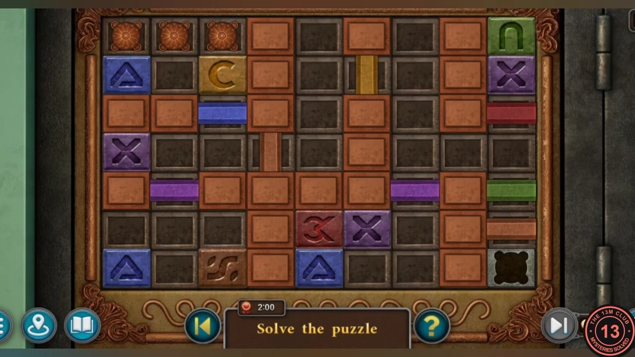 Wall safe grid with three medallions at the top left, coloured symbol tiles and bars