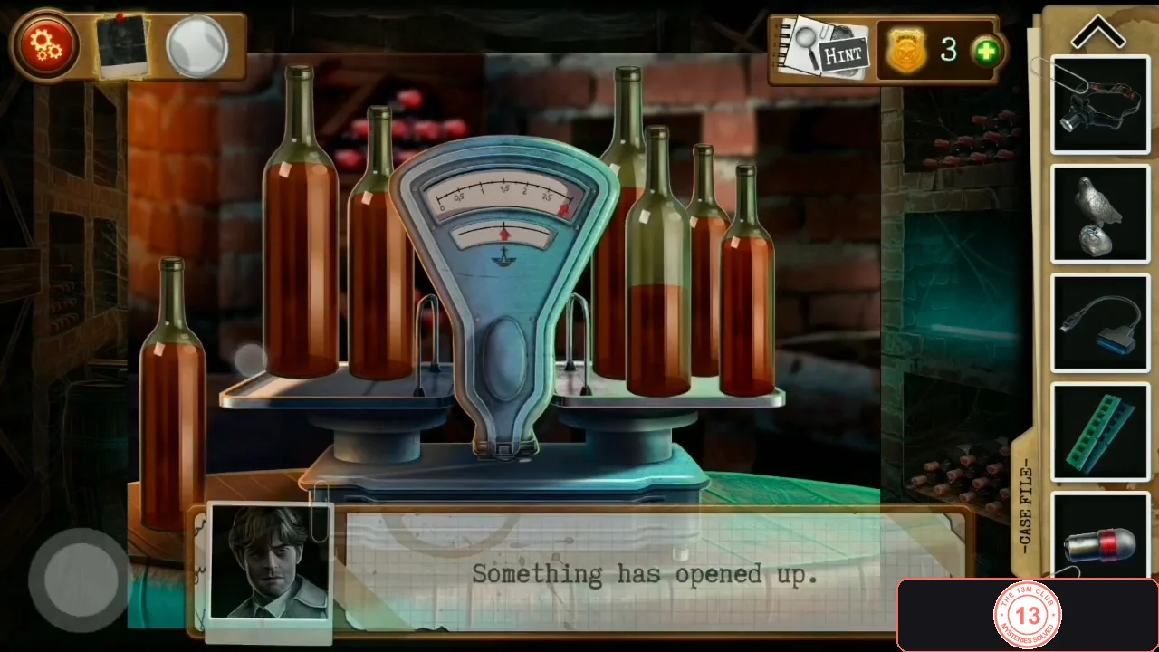 The scale with two wine bottles on the left pan and four on the right pan, the needle centred and the message Something has opened up