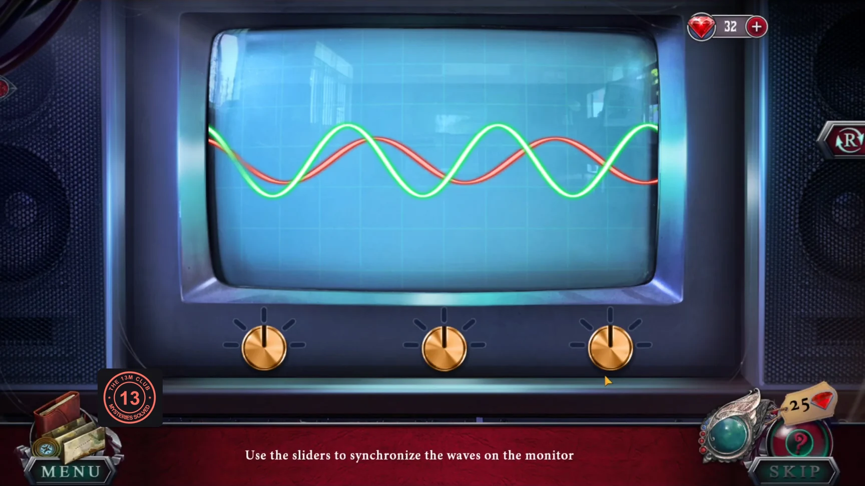 Monitor showing a red and a green wave, with three dials below