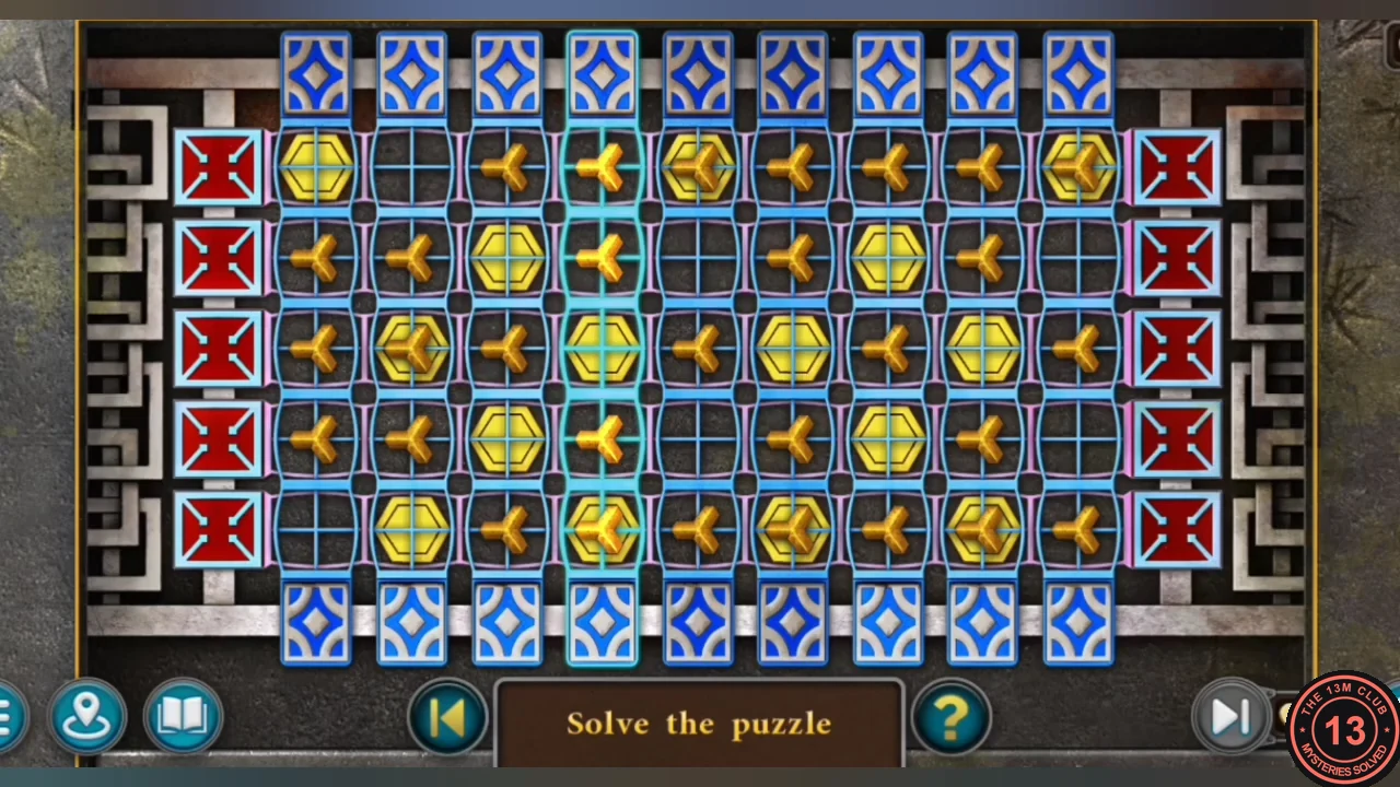 Symbol lattice with gold hexagons and trefoils, blue column ends and red row ends