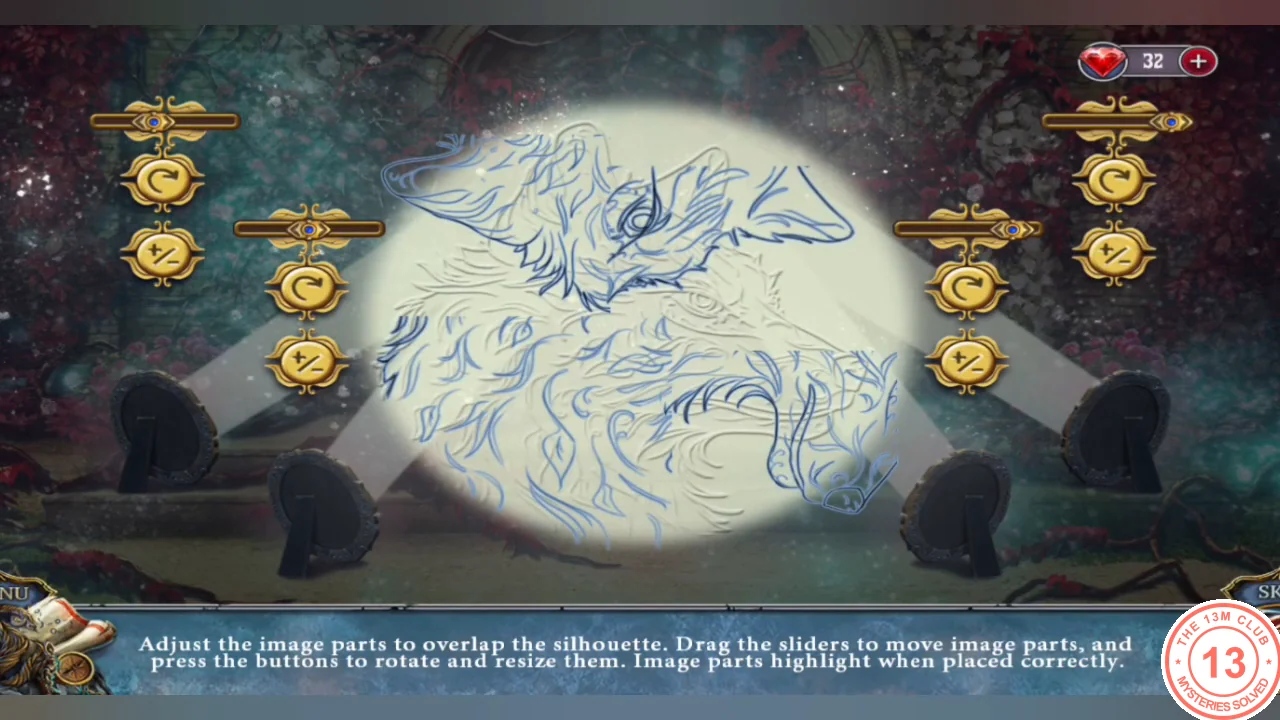 Wolf projection puzzle: four mirrors project parts of a wolf silhouette, with sliders and rotate/resize buttons on each side