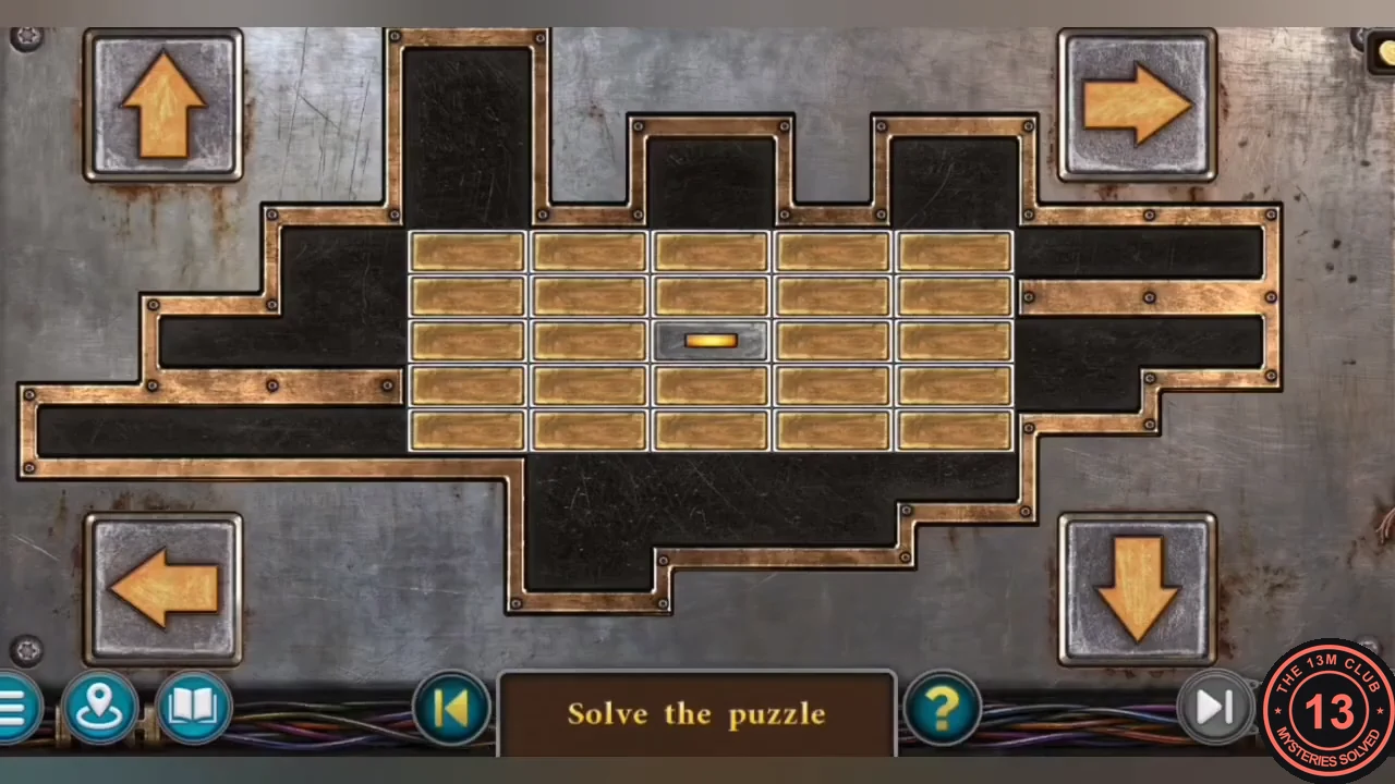 Slat window puzzle: a 5 by 5 block of wooden slats with the lit slat in the centre and arrow buttons in the corners