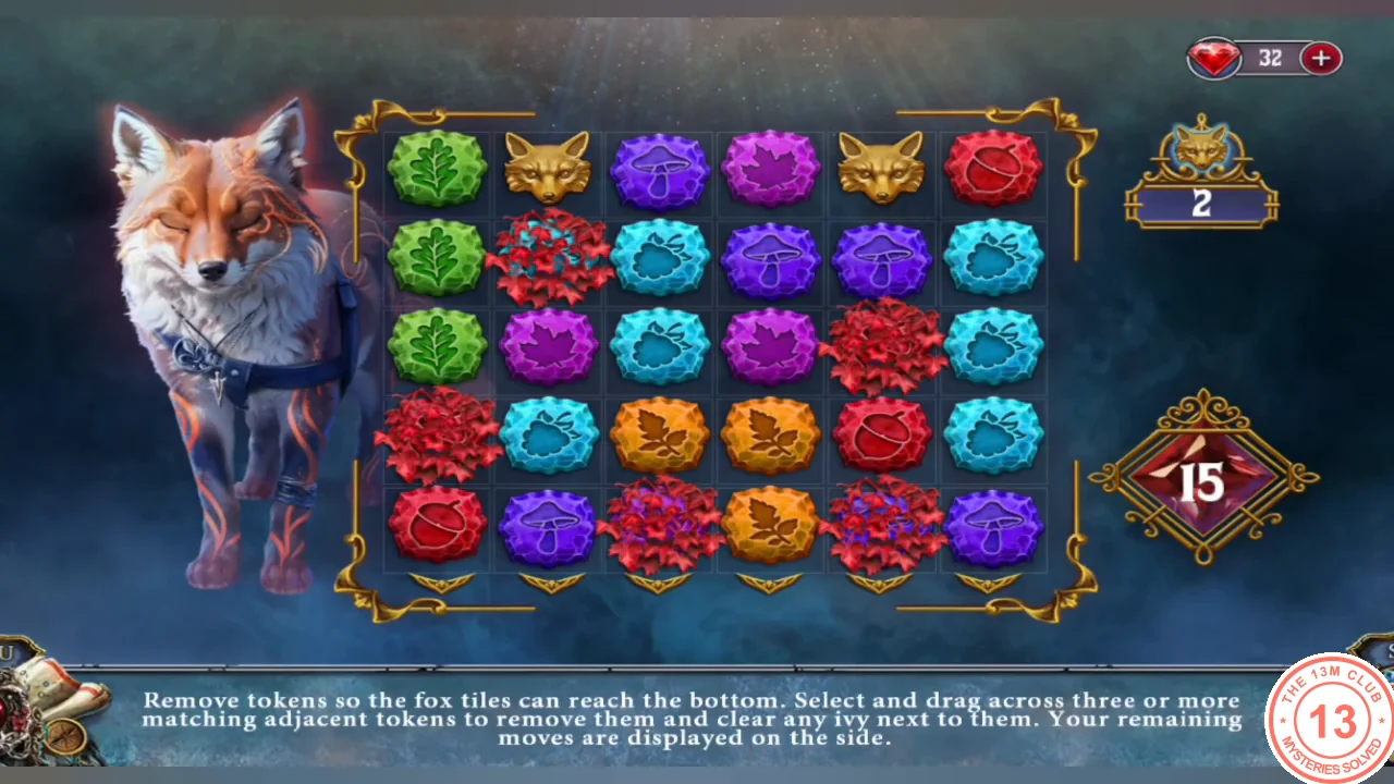 Fox token board with two fox tiles in the top row; 15 moves remaining