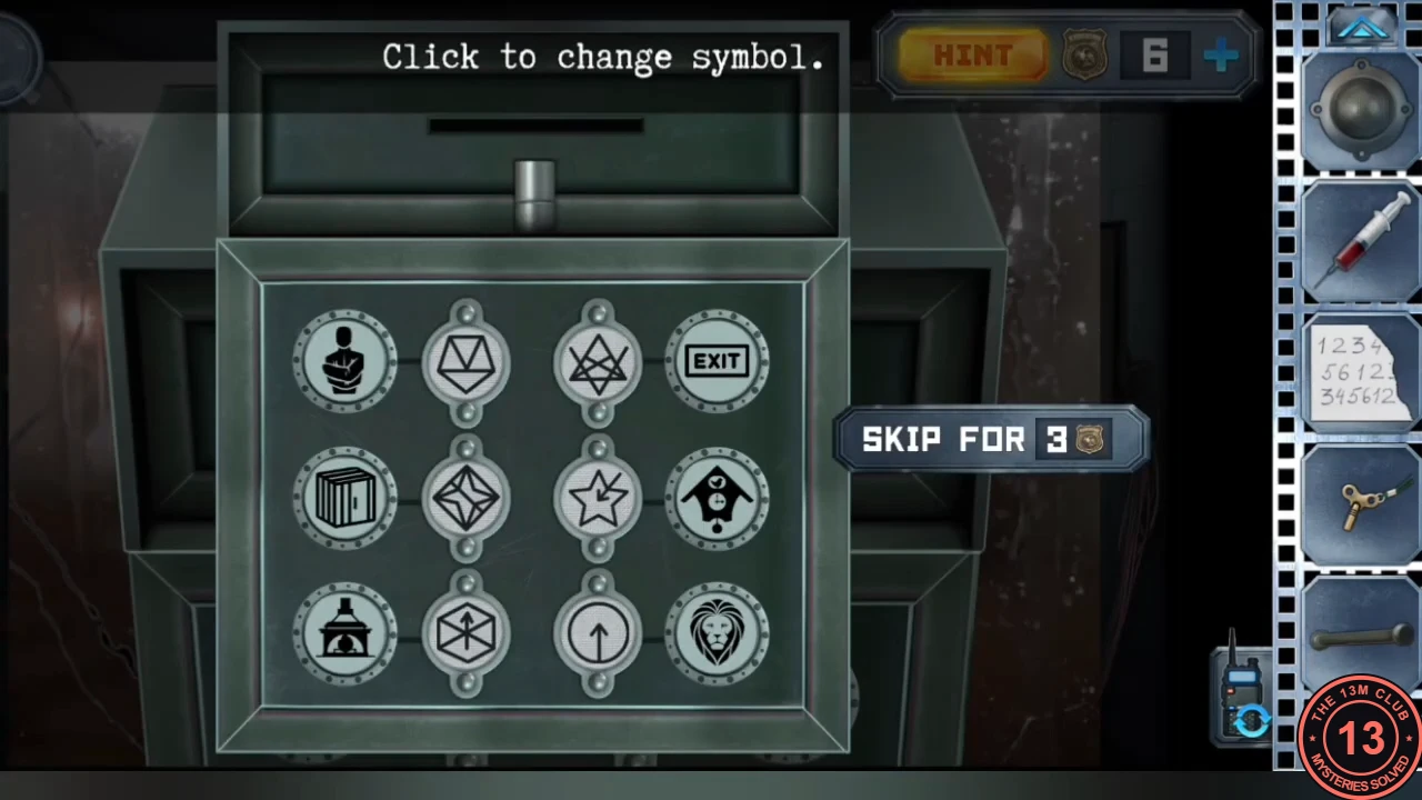 Alex's lab drawer panel with a three-by-four grid: room icons in the outer columns (bust, cell, tent, EXIT, cabin house, lion) and changeable symbols in the two middle columns; instruction 'Click to change symbol'